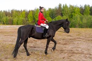 Girl is riding a horse in a field photo