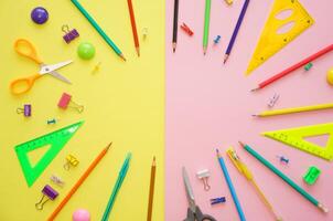 Supplies set on table, creative tools for school creative work on yellow photo