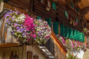 A wooden building with green shutters photo