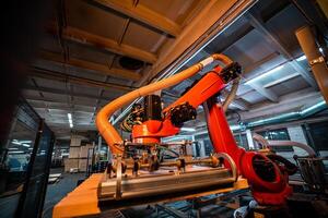 A robotic arm in a woodworking factory, equipped with suction technology, lifts and processes wooden boards, highlighting automation in modern manufacturing photo