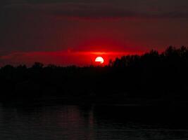 Vivid sunset over a dark forest, with the bright orange sun just above the treetops, casting a warm glow over the landscape. photo