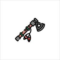 An ax with a feather on it is shown in a line drawing vector