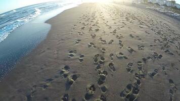 corrida dentro a de praia às pôr do sol, primeiro pessoa Visão video