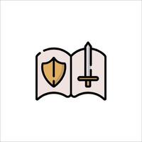 An open book with a sword and shield icon vector