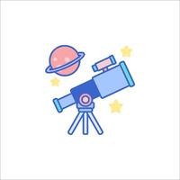 A telescope and a planet are shown in a flat line style vector