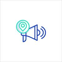 A blue and green icon with a megaphone and a map vector