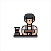 A man in apron is sitting at a table with a cup of coffee vector