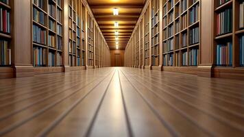 A spacious, well lit library corridor filled with neatly arranged books ideal for academic and knowledge focused concepts video