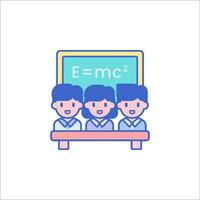 A cartoon of three people sitting at a desk with an equation on the board vector