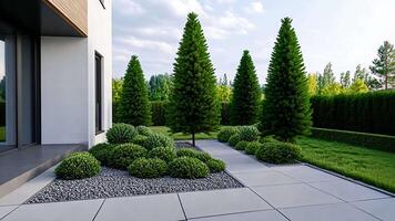 Modern minimalist garden with symmetrical evergreen trees and shrubs, ideal for Zen spaces or Earth Day video