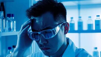 Asian male scientist in a lab coat looks stressed, symbolizing research and National Science Day video