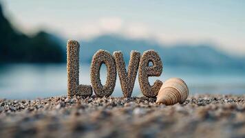 The word Love crafted from sand is displayed on a beach with a seashell, capturing themes of romance and summer holidays video