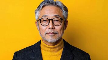 Elderly Asian man in glasses and yellow sweater on vibrant background, promoting wisdom and autumn video