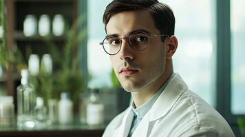 Young Caucasian male scientist in a laboratory setting, symbolizing innovation and research advancements video