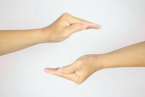 Hands showing gestures, protection or measuring size of something. Isolated background. photo