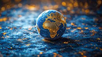 Earth globe on blue background with gold sparkles video