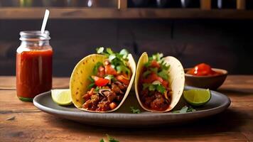 Two tacos are displayed on a plate atop a wooden table, showcasing a delicious combination of ingredients such as tomato sauce and fresh fruit. video
