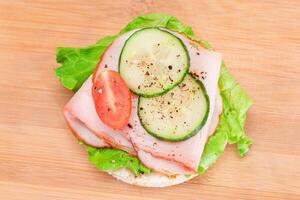 Light Breakfast. Quick and Healthy Sandwiches. Rice Cakes with Ham, Tomato, Fresh Cucumber and Green Salad on Wooden Cutting Board photo