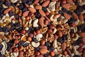 Mixed Nuts. Almonds, Walnuts, Cashews, Peanuts, Hazelnuts, Dried Prunes and Raisins. Different Nut Mix. Background from Various Nuts and Dried Fruits photo