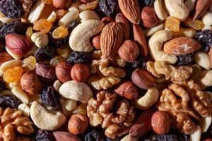 Mixed Nuts. Almonds, Walnuts, Cashews, Peanuts, Hazelnuts, Dried Prunes and Raisins. Different Nut Mix. Background from Various Nuts and Dried Fruits photo