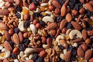 Mixed Nuts. Almonds, Walnuts, Cashews, Peanuts, Hazelnuts, Dried Prunes and Raisins. Different Nut Mix. Background from Various Nuts and Dried Fruits photo