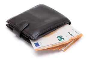 Black Leather Men Wallet with Fifty Euro Banknotes Inside - Isolated on White Background. A Purse Full of Money Symbolizing Wealth, Success and Social Status - Isolation photo