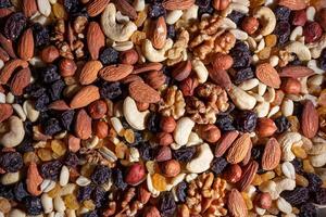 Mixed Nuts. Almonds, Walnuts, Cashews, Peanuts, Hazelnuts, Dried Prunes and Raisins. Different Nut Mix. Background from Various Nuts and Dried Fruits photo
