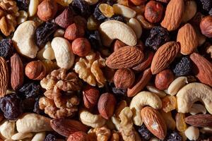 Mixed Nuts. Almonds, Walnuts, Cashews, Peanuts, Hazelnuts, Dried Prunes and Raisins. Different Nut Mix. Background from Various Nuts and Dried Fruits photo