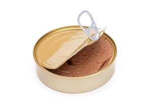 Opened Tin Can with Chicken Liver Pate Isolated on White Background. Open Canned Pate - Isolation photo