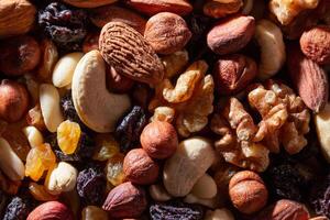 Mixed Nuts. Almonds, Walnuts, Cashews, Peanuts, Hazelnuts, Dried Prunes and Raisins. Different Nut Mix. Background from Various Nuts and Dried Fruits photo