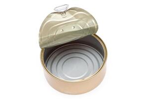 Opened Empty Tin Can Isolated on White Background. Clean Used Aluminum Can - Isolation. Non-Degradable Inorganic Waste photo