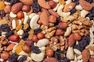 Mixed Nuts. Almonds, Walnuts, Cashews, Peanuts, Hazelnuts, Dried Prunes and Raisins. Different Nut Mix. Background from Various Nuts and Dried Fruits photo