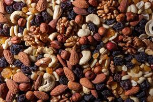 Mixed Nuts. Almonds, Walnuts, Cashews, Peanuts, Hazelnuts, Dried Prunes and Raisins. Different Nut Mix. Background from Various Nuts and Dried Fruits photo