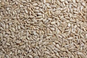 Peeled Sunflower Seeds Background. A Culinary Canvas of Shell-free Sunflower Seeds, Creating a Lively and Textured Background for Gourmet Cooking - Top View, Flat Lay photo