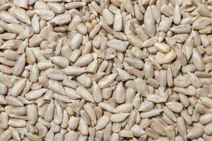 Peeled Sunflower Seeds Background. A Culinary Canvas of Shell-free Sunflower Seeds, Creating a Lively and Textured Background for Gourmet Cooking - Top View, Flat Lay photo