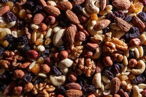 Mixed Nuts. Almonds, Walnuts, Cashews, Peanuts, Hazelnuts, Dried Prunes and Raisins. Different Nut Mix. Background from Various Nuts and Dried Fruits photo