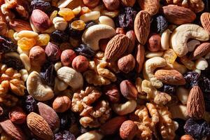 Mixed Nuts. Almonds, Walnuts, Cashews, Peanuts, Hazelnuts, Dried Prunes and Raisins. Different Nut Mix. Background from Various Nuts and Dried Fruits photo