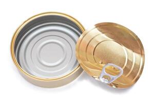 Opened Empty Tin Can With Broken Cover Isolated on White Background. Clean Used Aluminum Can - Isolation. Non-Degradable Inorganic Waste photo