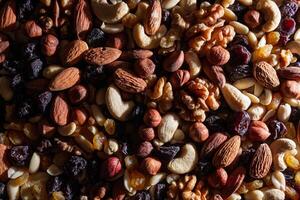 Mixed Nuts. Almonds, Walnuts, Cashews, Peanuts, Hazelnuts, Dried Prunes and Raisins. Different Nut Mix. Background from Various Nuts and Dried Fruits photo