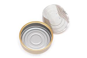 Opened Empty Tin Can With Broken Cover Isolated on White Background. Clean Used Aluminum Can - Isolation. Non-Degradable Inorganic Waste photo
