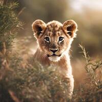 Lion cub in a bush photo