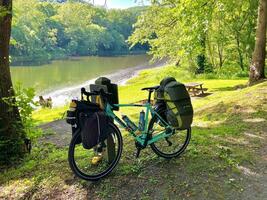 bicycle, touring, camping, bike path, river, tunnel, bridge, tent photo