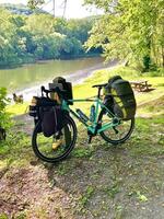 bicycle, touring, camping, bike path, river, tunnel, bridge, tent photo