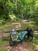bicycle, touring, camping, bike path, river, tunnel, bridge, tent photo