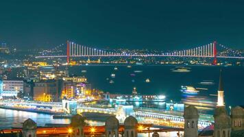 Istanbul view at night. Timelapse of Istanbul and Bosphorus with ferries and Bosphorus Bridge. video
