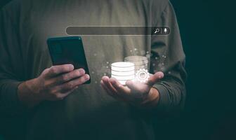 Information search technology, search engine optimization, male hand using a smartphone to search information, using the search bar function on your website photo