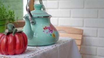A Charming Vintage Teapot Alongside Fresh Produce Displayed on a Beautiful Rustic Table video