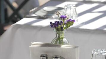 une charmant table réglage renforcée avec Frais fleurs arrangé magnifiquement dans une verre vase video