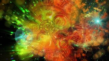 abstraction symbolizing infinity. Transparent clock against the backdrop of a fast-moving galaxy video