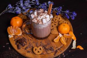 A glass mug of hot chocolate with cream and cinnamon stick, marshmallow, and tangerine slices placed next to pieces of chocolate and cookies,on a black table.The concept of winter. photo